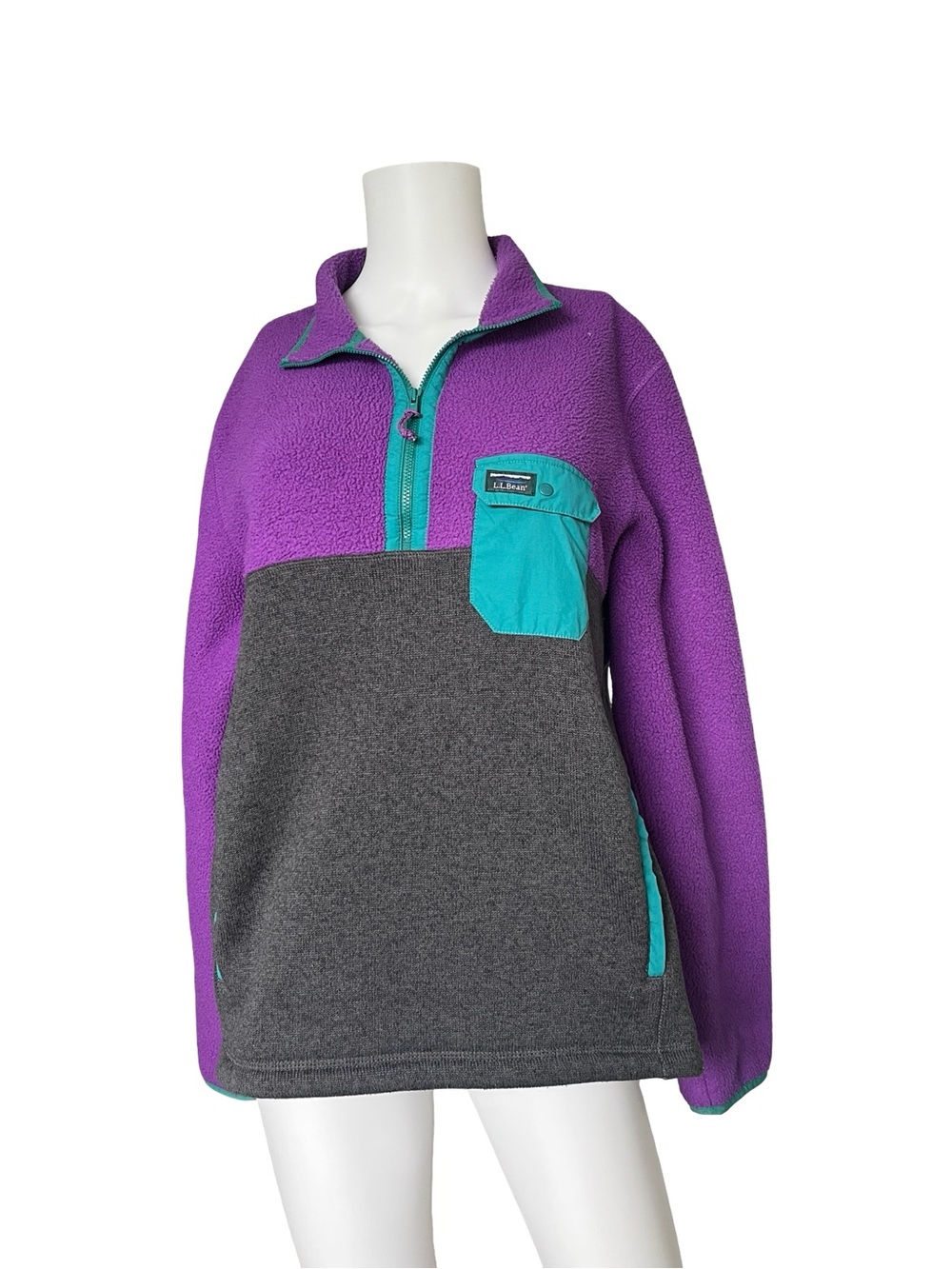 LL Bean Sherpa Fleece Hybrid Pullover Sweater Purple Gray Womens Size Medium